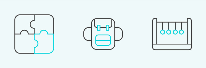 Poster - Set line Pendulum, Piece of puzzle and School backpack icon. Vector
