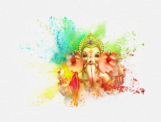 Lord Ganesha, is one of the best-known and most worshiped god in the Hindu religion lord Ganesha of Indian festival tradition Explosion of colored powder on white background