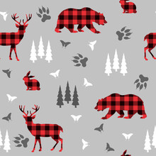 Plaid Forest Animals On A Grey Background - Seamless Nature Pattern 