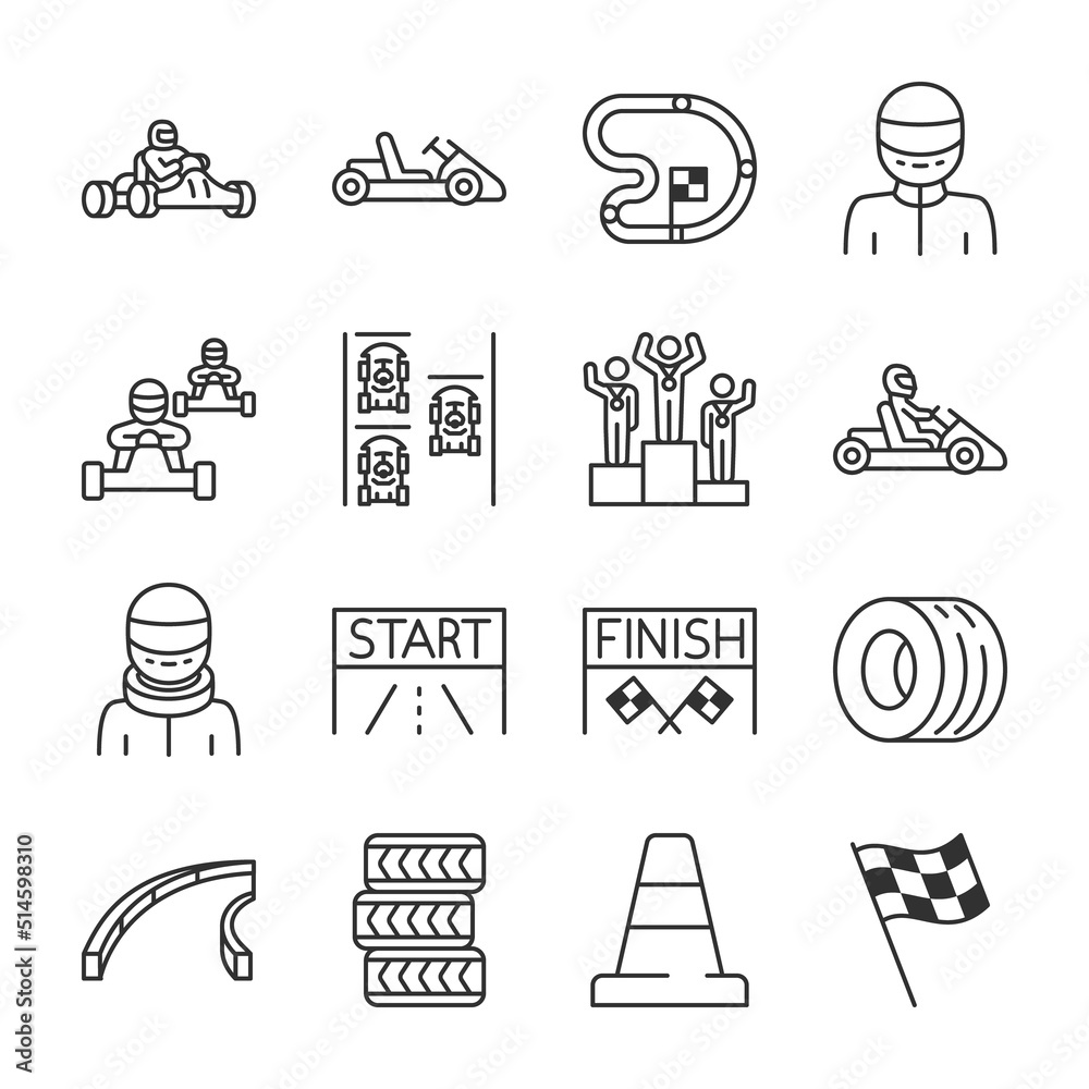 Karting icons set. Kart racing, linear icon collection. Road racing on ...