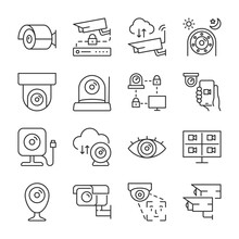 IP Camera Icons Set. Security Video Surveillance, Video Recording, Remote Video Recording, Data Storage, Linear Icon Collection. Line With Editable Stroke