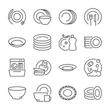 Dishes Icons Set. Cookware, Tableware, Linear Icon Collection. Line With Editable Stroke