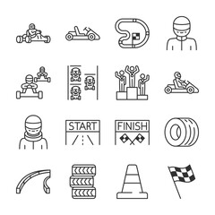 Karting icons set. Kart racing, linear icon collection. Road racing on go-karts, shifter karts. Attributes. Line with editable stroke