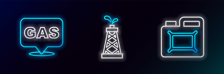 Sticker - Set line Canister for motor oil, Location and gas station and Oil rig icon. Glowing neon. Vector