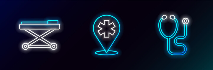 Wall Mural - Set line Stethoscope, Stretcher and Location hospital icon. Glowing neon. Vector