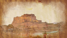 Mehrangarh Fort, Rajasthan, India. Artistic Sketch. Vintage Postcard, Poster, Book Illustration