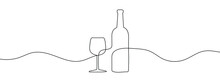 Wine Bottle And Wine Glass Drawing With One Continuous Line. One Continuous Line Of A Bottle And Wine Glass. Vector Illustration.