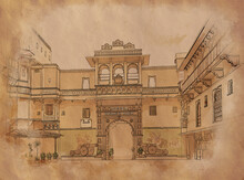 West Zone Cultural Center Udaipur, Museum Bagore Ki  Close To Gangaur Ghat In Udaipur In India, Sketch 