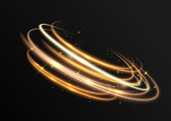 Gold light effect curves with sparkle on black background.