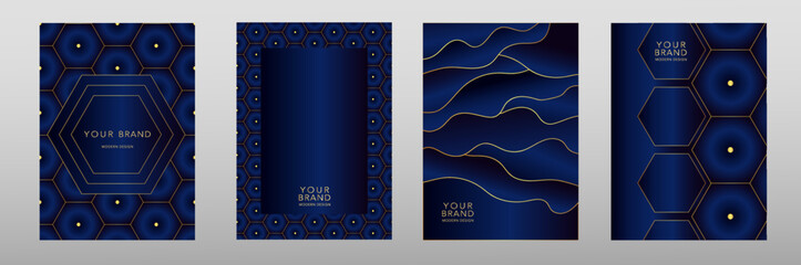 Poster - Modern cover design set. Luxury blue and gold line pattern, geometric shapes, 3d vector background. Golden waves cover template, modern minimal design for catalog, flyer, invitation, card, banner