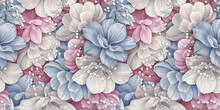 Watercolor Hydrangea Flowers. Seamless Pattern, Floral Background. Luxury 3d Wallpaper, Premium Texture. Pastel Blue, Pink, Beige Color Palette. Beautiful Wedding Bouquets. Digital Paper, Mural Art