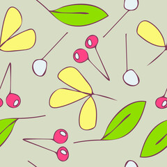 Wall Mural - Seamless vector pattern with hand drawn cherries on beige background. Simple vintage summer fruit wallpaper design. Decorative berry doodle fashion textile.