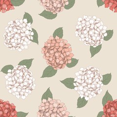 Wall Mural - Seamless pattern with beautiful hydrangea flowers and leaves. Vector illustration.