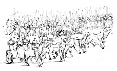 An army on the battlefield is lined up for battle