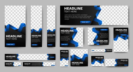abstract banner design web template set, horizontal header web banner. black and gradient blue cover