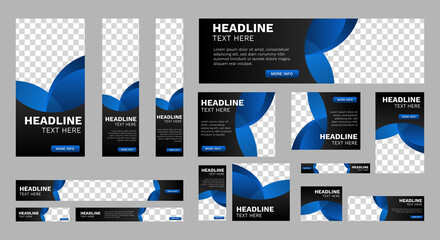 Abstract banner design web template Set, Horizontal header web banner. Black and Gradient Blue cover header background for website design, Social Media Cover ads banner, flyer, invitation card