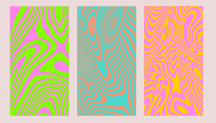 Poster - Set of abstract psychedelic illustrations with colorful trippy shapes in 60s hippie retro-art style. 