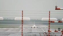 Front View Footage Of A Commercial Aircraft Speeding Up And Taking Off At Dusseldorf Airport. Tourism And Travel Concept.
