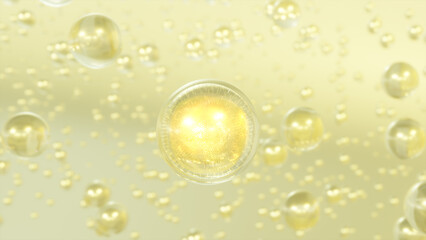 Aufkleber - 3D rendering Cosmetics Golden Serum bubbles on defocus background. Collagen bubbles Design. Moisturizing Cream and Serum Concept. Vitamin for personal care and beauty concept. 