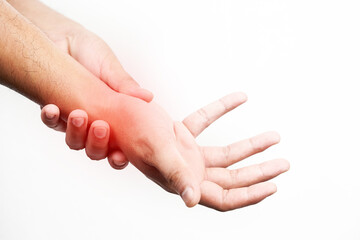 Wall Mural - Asian male arms holding his painful wrist caused by exercise. Asian man hand holding his pain wrist isolated on background                                                