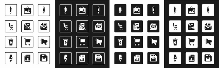 Poster - Set Pencil, Document with graph chart, Office chair, Fountain pen nib, Mail and e-mail, Picture landscape, Megaphone and Coffee cup to go icon. Vector