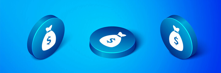 Sticker - Isometric Money bag icon isolated on blue background. Dollar or USD symbol. Cash Banking currency sign. Blue circle button. Vector