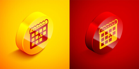 Sticker - Isometric Calendar with haircut day icon isolated on orange and red background. Haircut appointment concept. Circle button. Vector