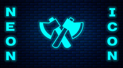 Sticker - Glowing neon Wooden axe icon isolated on brick wall background. Lumberjack axe. Vector