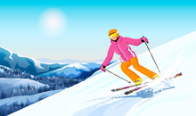 Advanced Skier Slides Near Mountain Downhill. Sports Descent On Skis In Mountains Hills. Winter Activity. Skiing In Winter Alps. Winter Sport Resort With Mountain Landscape. Vector Illustration