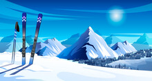 Panoramic Winter Mountain Landscape With Skis And Ski Poles. Colorful Landscape With Mountains, Rocks, Snowy Peaks Of Alps, Forest, Sky And Sun. Vector Illustration
