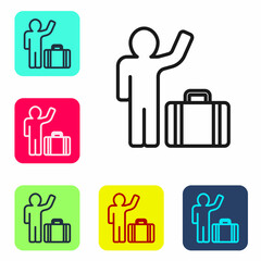 Sticker - Black line Tourist with suitcase icon isolated on white background. Travelling, vacation, tourism concept. Set icons in color square buttons. Vector