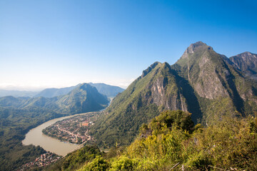 Wall Mural - Landscape of Nong Khiaw city from Pha Daeng Peak Viewpoint, Laos