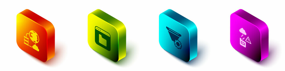 Poster - Set Isometric Network cloud connection, Browser files, Filter setting and Cloud technology data transfer icon. Vector