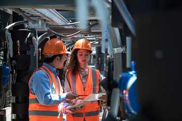 workers at work. Two worker discuss job in plant room. worker co-worker on Air condition system planton background. engineer female and male checking on Air condition plant.two worker working on plant