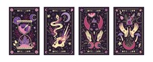 Tarot Card Frame. Magic Eye Background With Esoteric Moon, Mystic Posters With Astrology Elements, Boho Style Occult Spiritual Symbol And Celestial Sign. Vector Design Illustration