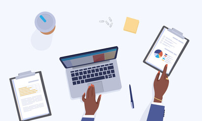 Poster - Table top view. Employee workspace. Cartoon character working with computer. Wireless device. Office workplace. Woman hands on desk with laptop and tablet. Vector portable PC technology