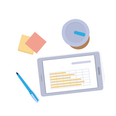 Poster - Table top view. Digital tablet on desk. Office workplace. Drink glass and stationery. Portable electronic device. Modern workspace. Pen and notes. Notebook screen. Vector work scene