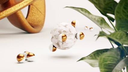Balls rolling on sphere near plant. 3d animation loop