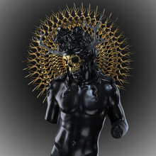 Concept Illustration From 3D Rendering Of A Black Classical Sculpture With Skull Face And Golden Skull Mask And Antlers And Saint Halo In Dark Art Style And Isolated On Background.