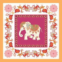 Wall Mural - A beautiful handkerchief, pocket, carpet with fabulous peacocks forming a decorative frame, mandalas, paisley and a cute cartoon elephant in vector. Indian, Thai motifs. Ethnic style.