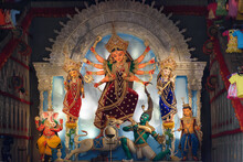 Idol Of Goddess Devi Durga At A Decorated Puja Pandal In Kolkata, West Bengal, India. Durga Puja Is A Famous And Major Religious Festival Of Hinduism That Is Celebrated Throughout The World.