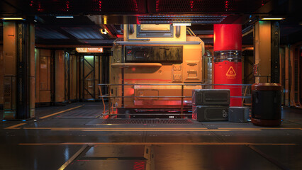 Poster - Dark moody futuristic science fiction space ship interior. 3D rendering.