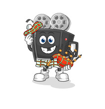Film Camera Scottish With Bagpipes Vector. Cartoon Character