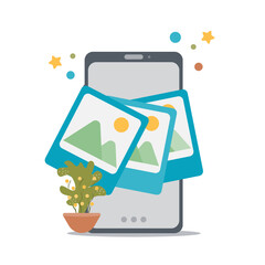 Poster - Mobile gallery or Photo gallery illustration concept. photo album on smartphone vector illustration, photography of family on smartphone.