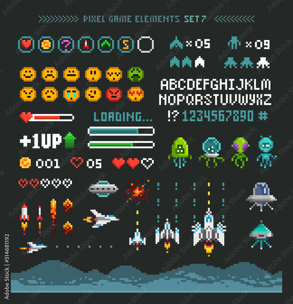 Pixel space arcade game elements with icons. Pixel Art Planets, Ufo ...