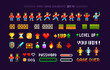 © VRTX - Retro Pixel Game trophy cups, medals with loot icons and elements for arcade design. Level up with character animation game design. Retro 80s - 90s style video game sprites. Pixel Art Vector template