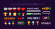 © VRTX - Vector Pixel Art 8-bit winner trophy cups and medals with loading bar set elements for arcade game design. Level up, health loading scale, icons and signs. Retro video game elements in 80s - 90s style