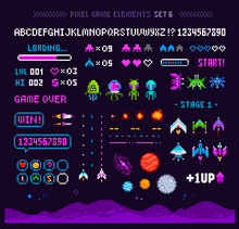 Pixel Arcade Game Interface Elements With Icons. Pixel Art Planets, Ufo Aliens, Space Ships, Rockets. Vintage 8-bit Computer Game In 80s -90s Style. Retro Video Game Sprites. Vector Template