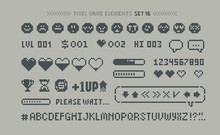 Pixel Art 8 Bit Arcade Game Elements With Icons And Font Alphabet. Pixel Health Scale, Downloading, Game Menu Elements . 80s - 90s Style 8-bit Computer Game. Retro Video Game Sprites. Vector Template