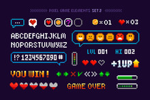 8-bit Pixel Arcade Game Elements With Icons, Signs, Navigation Buttons And Font Alphabet. Loading Bar. Heart And Energy Power Scale. Retro Video Game Menu Elements In 80s - 90s Style. Vector Template